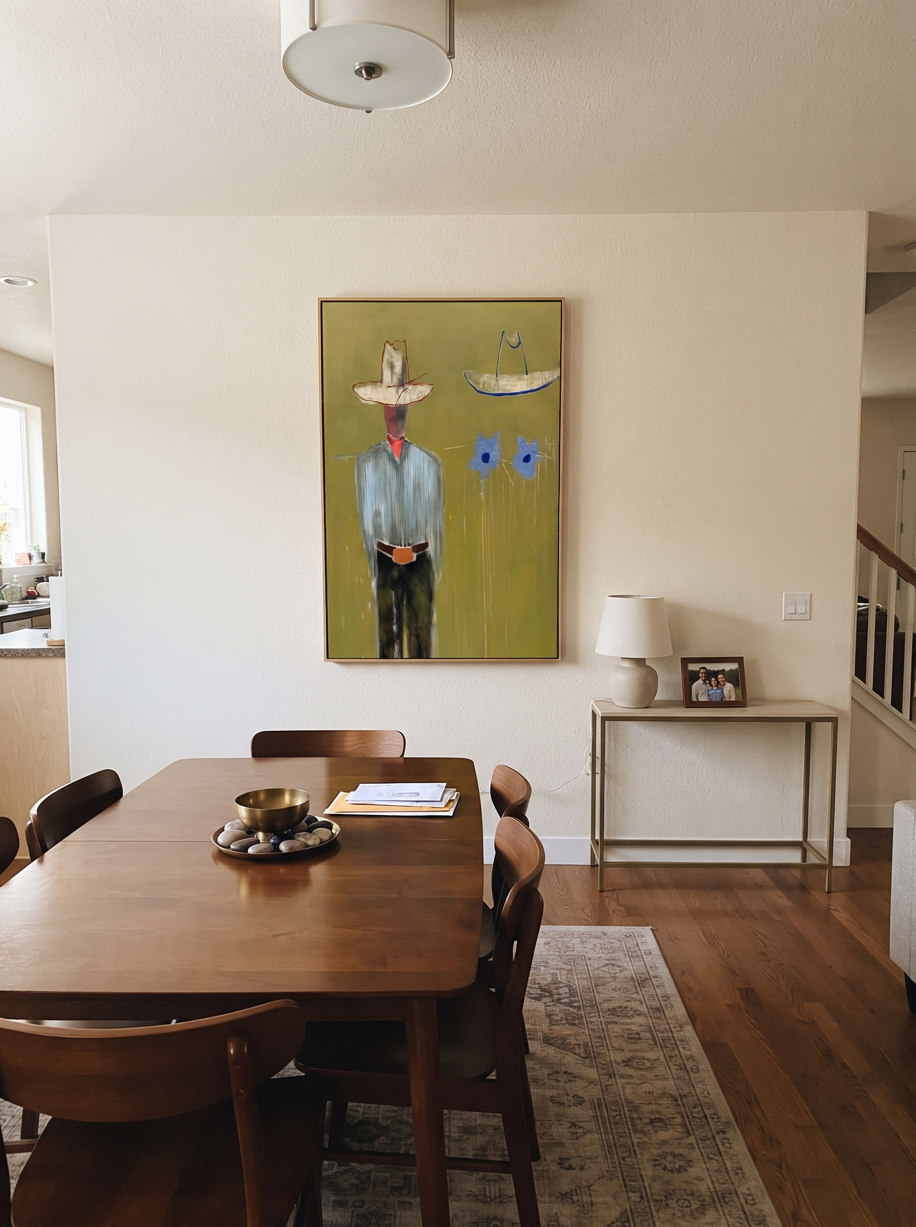 Blue Cats Guard Silence - striped cowboy with two cats painting by Adrian Lee, mid-century modern vertical wall art – styled room scene view 8