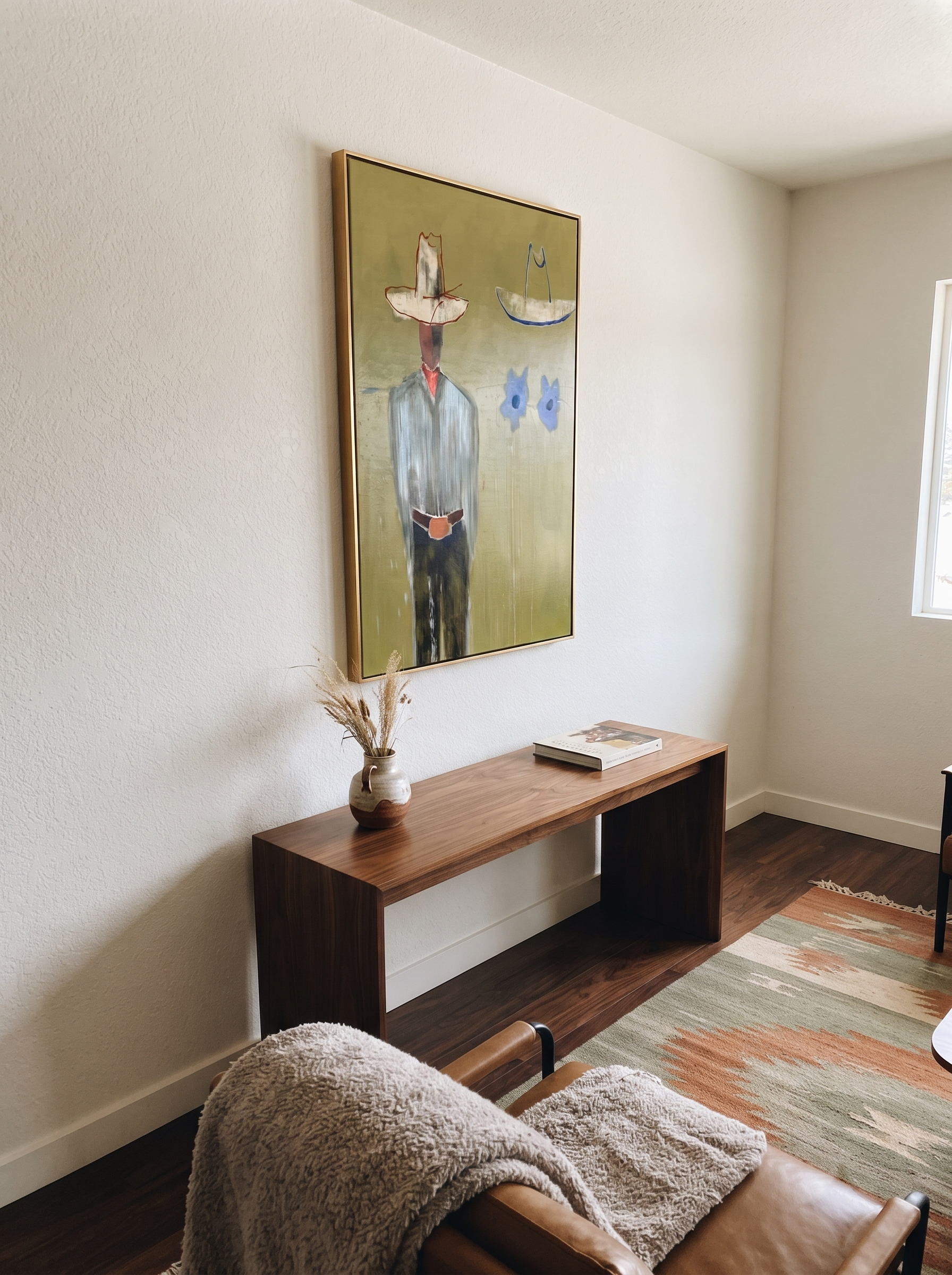 Blue Cats Guard Silence - striped cowboy with two cats painting by Adrian Lee, mid-century modern vertical wall art – styled room scene view 9