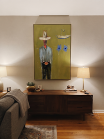 Blue Cats Guard Silence - striped cowboy with two cats painting by Adrian Lee, mid-century modern vertical wall art – styled room scene view 10