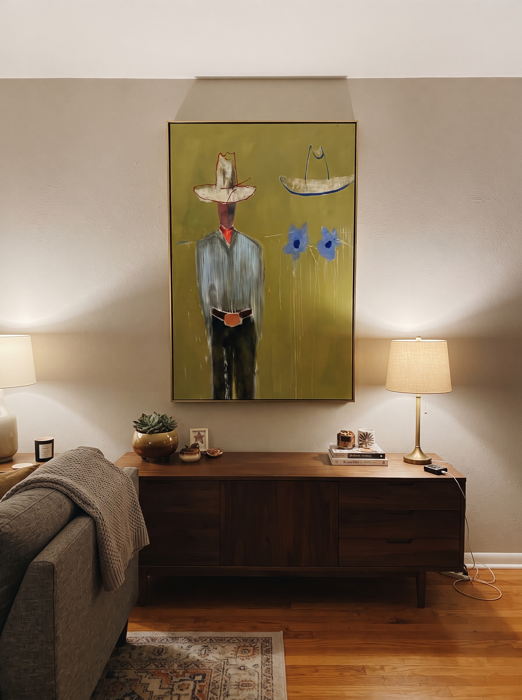 Blue Cats Guard Silence - striped cowboy with two cats painting by Adrian Lee, mid-century modern vertical wall art – styled room scene view 10