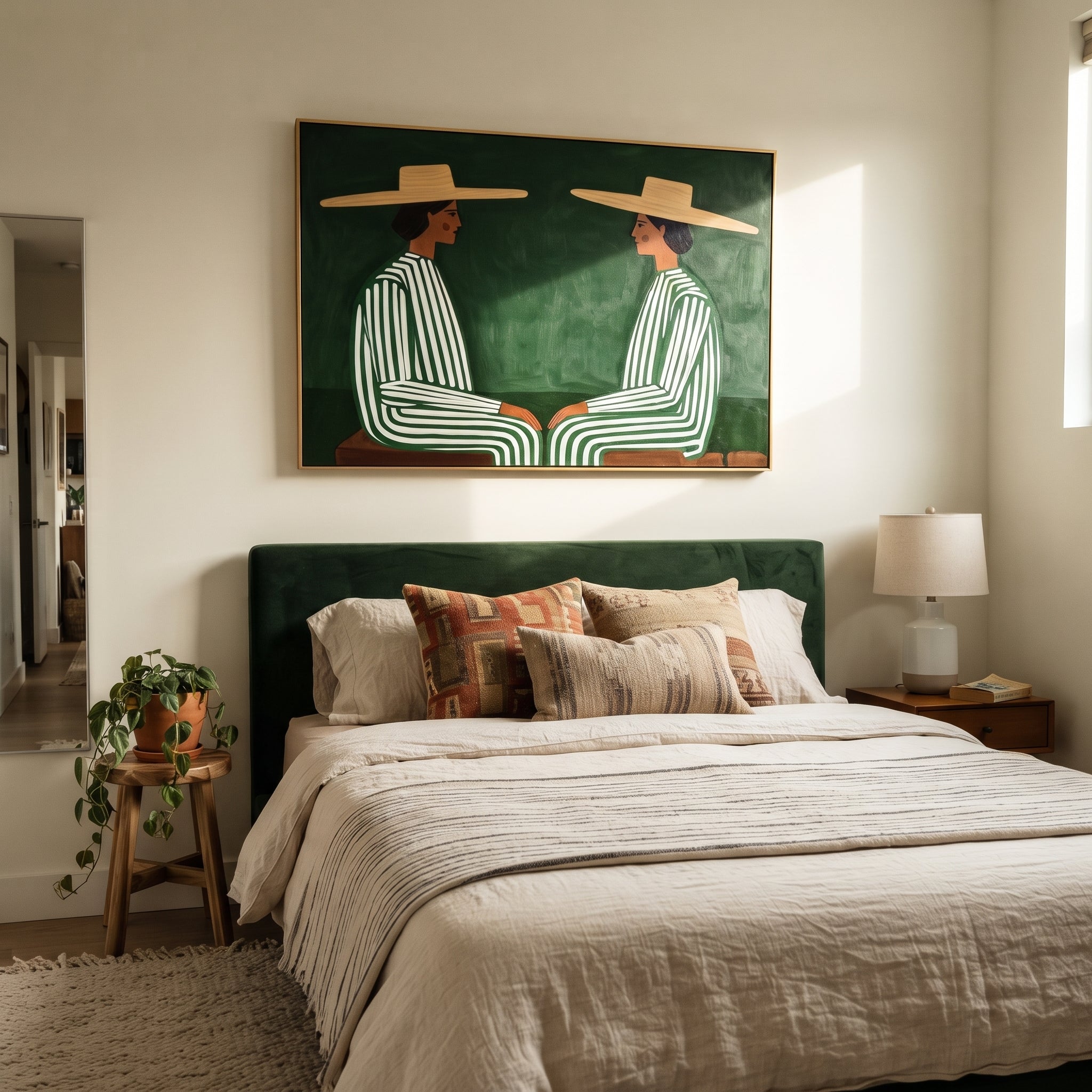 Green Stripes Face Inward - green stripe seated pair painting by Adrian Lee, mid-century modern horizontal wall art – styled room scene view 1