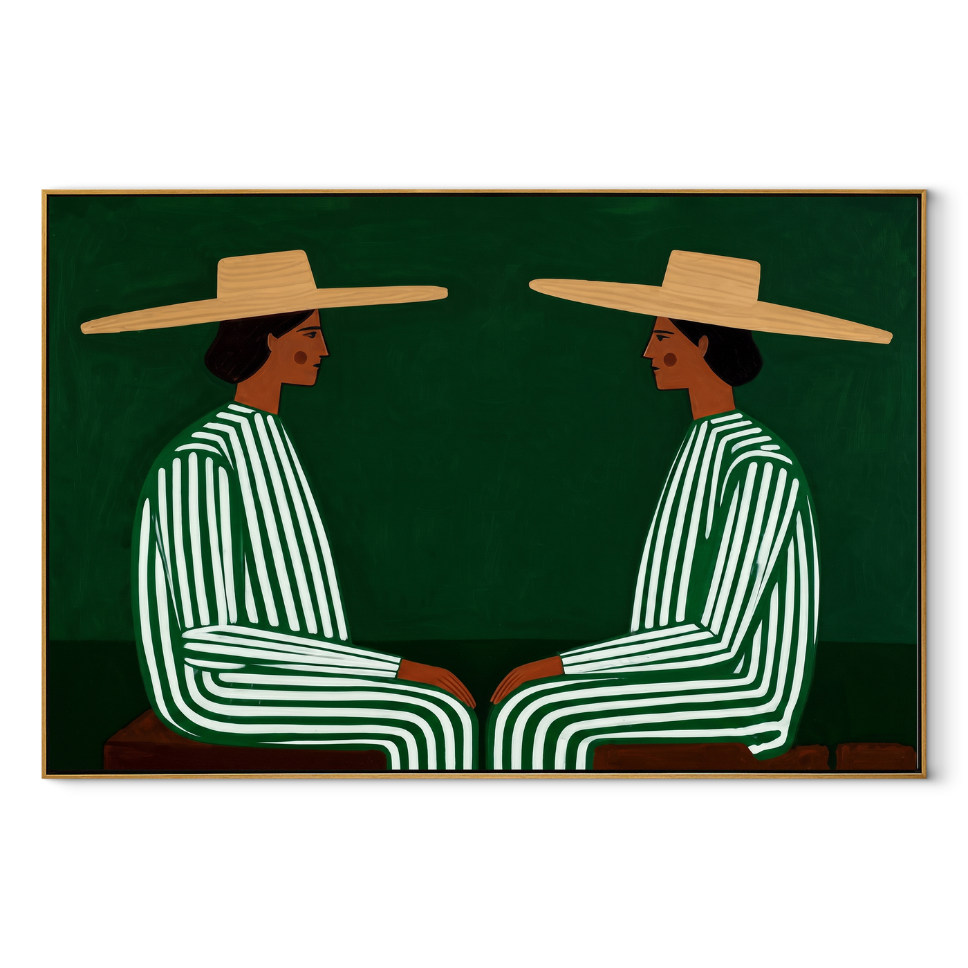 Green Stripes Face Inward - green stripe seated pair painting by Adrian Lee, mid-century modern horizontal wall art – wood frame on white background