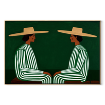 Green Stripes Face Inward - green stripe seated pair painting by Adrian Lee, mid-century modern horizontal wall art – wood frame on white background