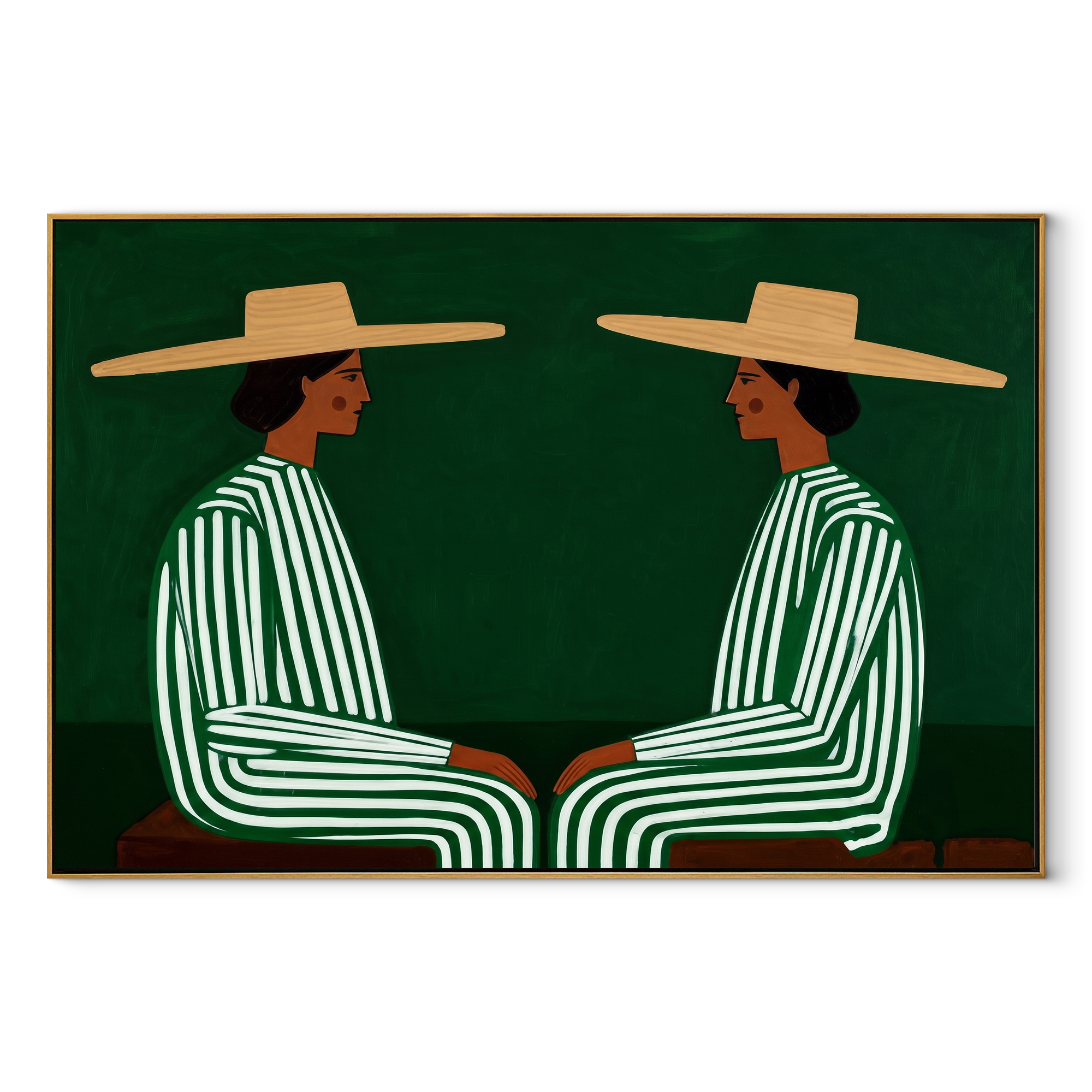 Green Stripes Face Inward - green stripe seated pair painting by Adrian Lee, mid-century modern horizontal wall art – wood frame on white background