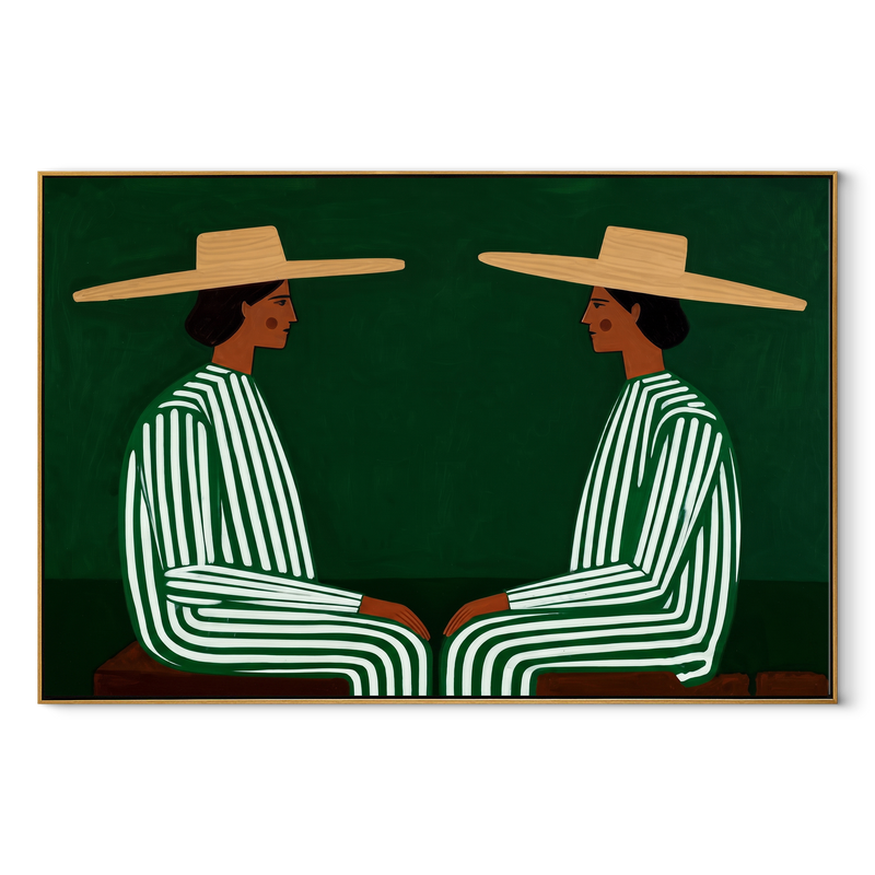 Green Stripes Face Inward - Green Stripe Seated Pair Painting | Mid-Century Modern Horizontal Wall Art