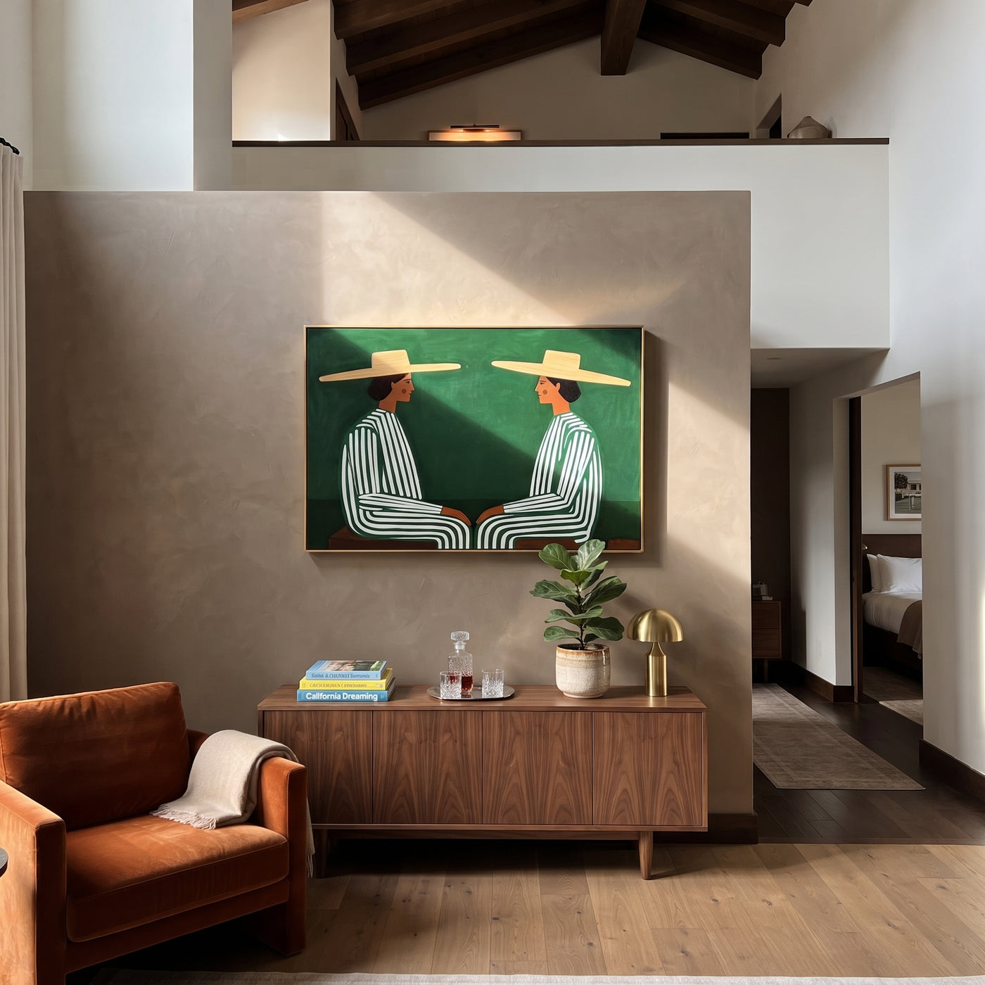 Green Stripes Face Inward - green stripe seated pair painting by Adrian Lee, mid-century modern horizontal wall art – styled room scene view 2