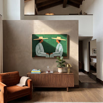Green Stripes Face Inward - green stripe seated pair painting by Adrian Lee, mid-century modern horizontal wall art – styled room scene view 2