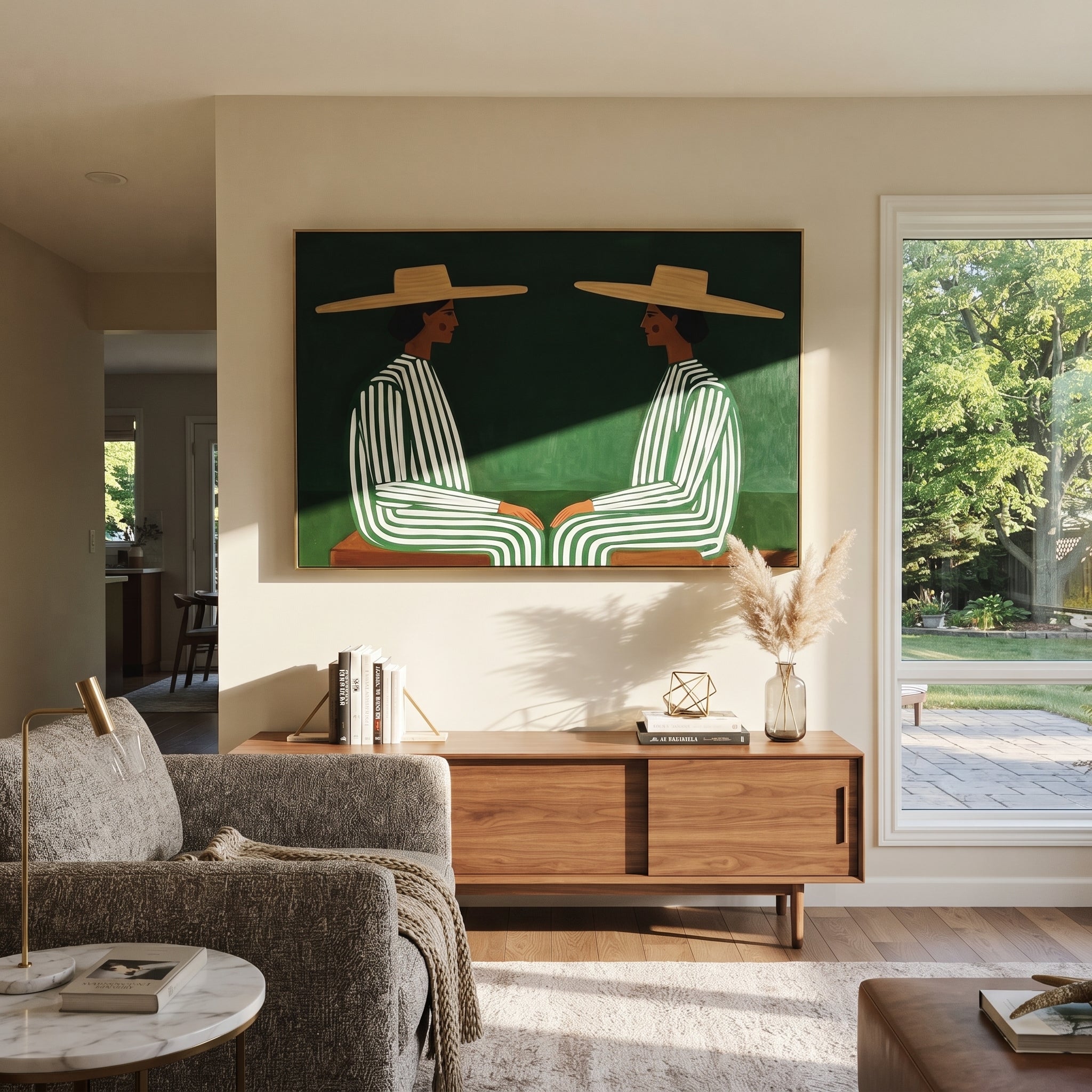 Green Stripes Face Inward - green stripe seated pair painting by Adrian Lee, mid-century modern horizontal wall art – styled room scene view 4