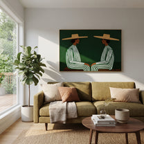 Green Stripes Face Inward - green stripe seated pair painting by Adrian Lee, mid-century modern horizontal wall art – styled room scene view 5