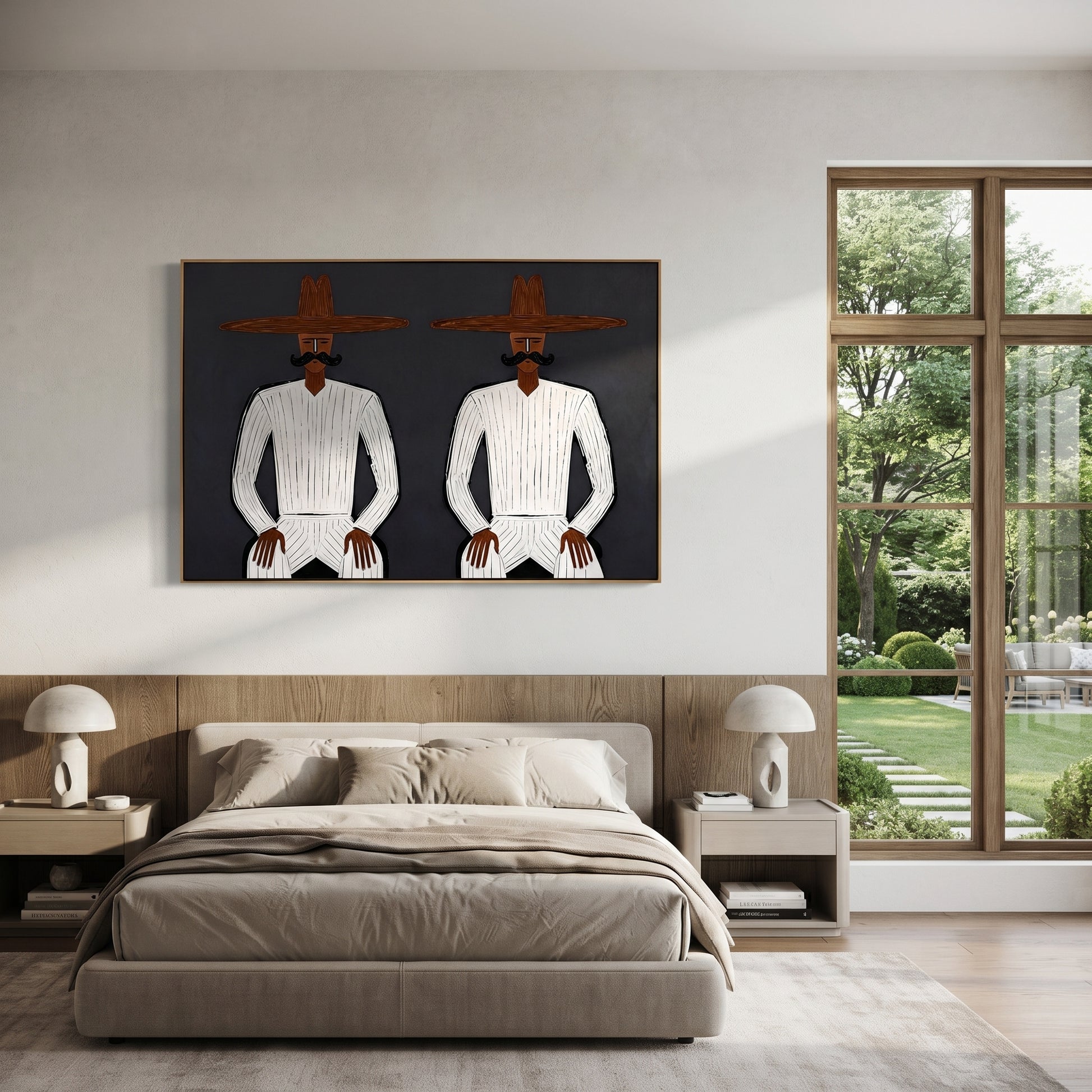 White Suits Mirror Stillness - white suit twin figure painting by Adrian Lee, mid-century modern horizontal wall art – styled room scene view 1