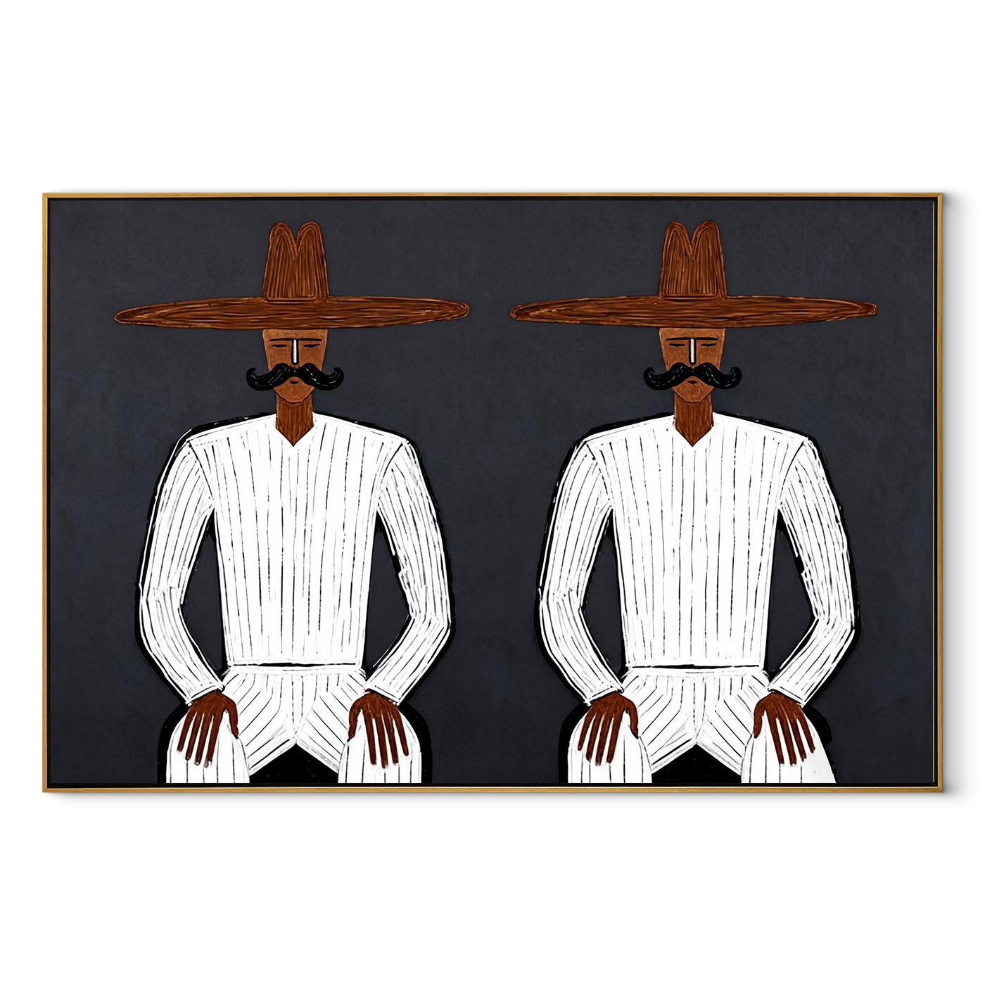 White Suits Mirror Stillness - white suit twin figure painting by Adrian Lee, mid-century modern horizontal wall art – wood frame on white background
