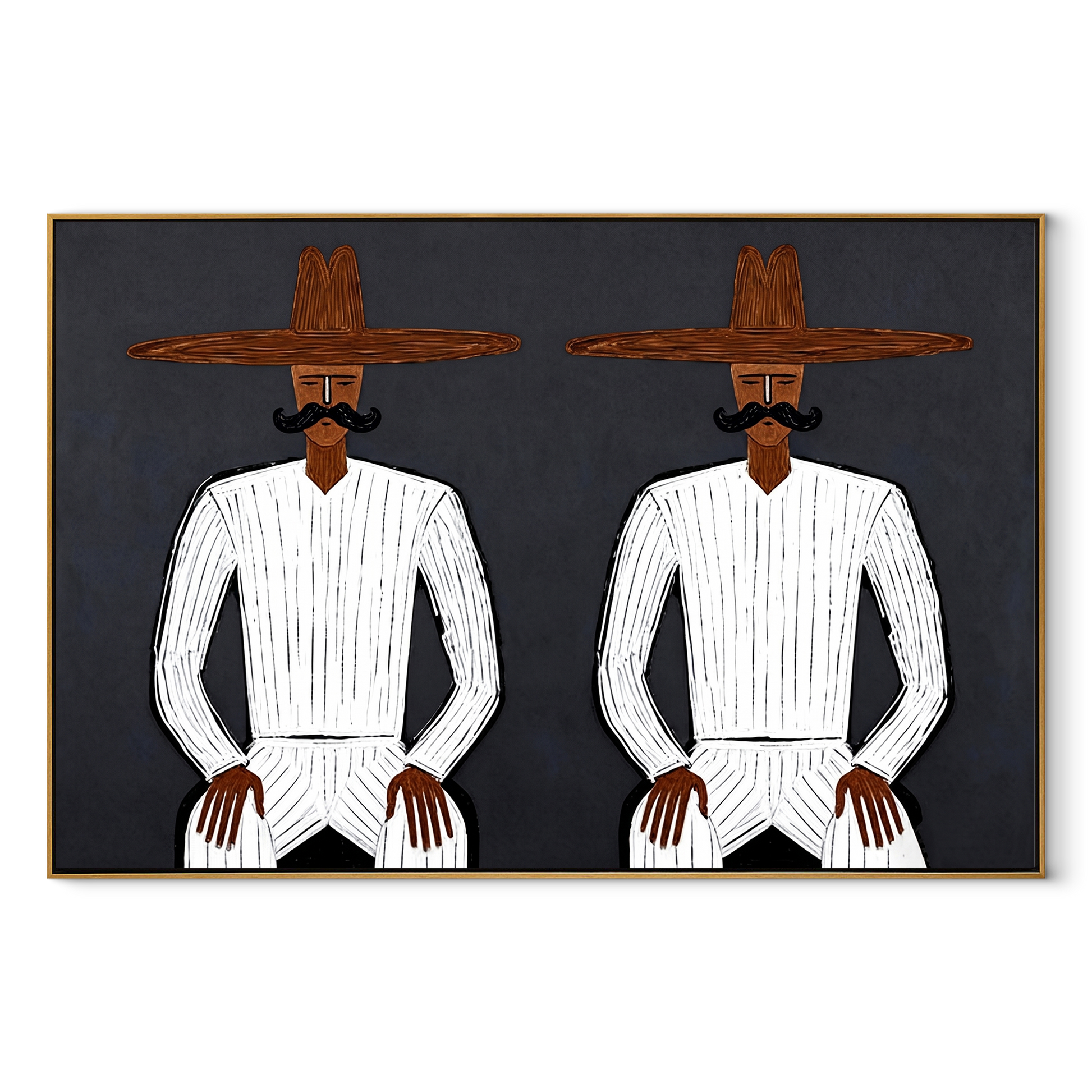 White Suits Mirror Stillness - white suit twin figure painting by Adrian Lee, mid-century modern horizontal wall art – wood frame on white background