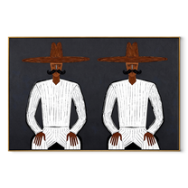 White Suits Mirror Stillness - white suit twin figure painting by Adrian Lee, mid-century modern horizontal wall art – wood frame on white background