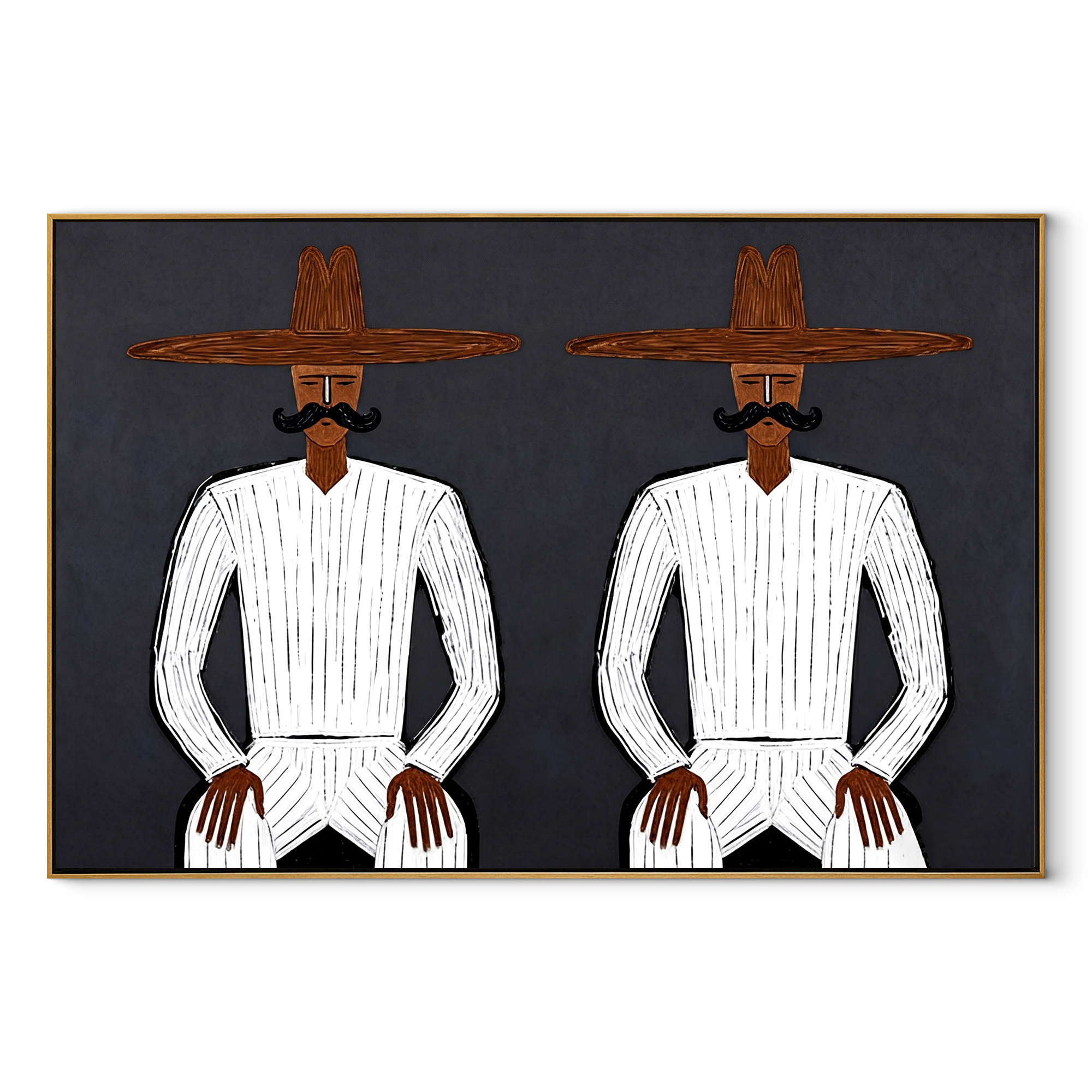 White Suits Mirror Stillness - white suit twin figure painting by Adrian Lee, mid-century modern horizontal wall art – wood frame on white background