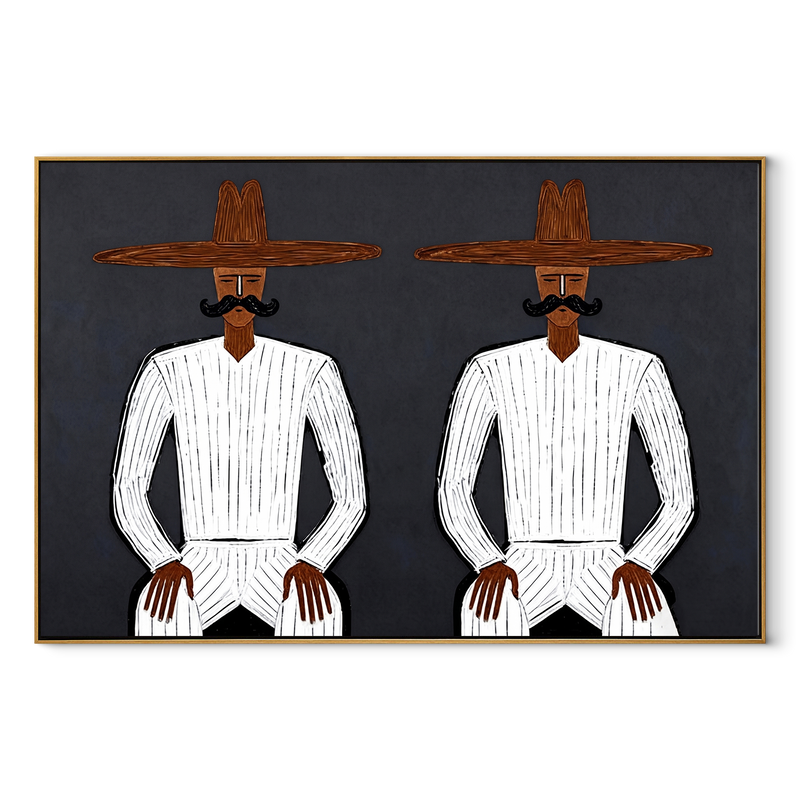 White Suits Mirror Stillness - White Suit Twin Figure Painting | Mid-Century Modern Horizontal Wall Art