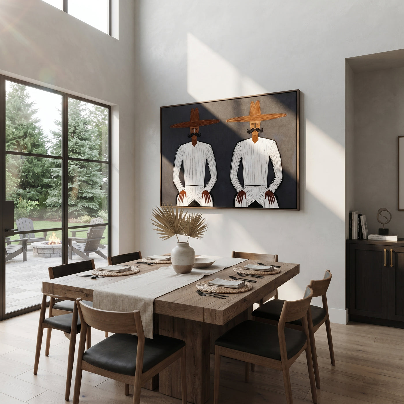 White Suits Mirror Stillness - white suit twin figure painting by Adrian Lee, mid-century modern horizontal wall art – styled room scene view 2