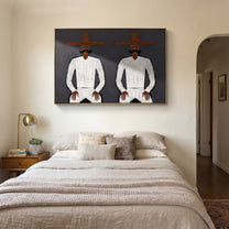 White Suits Mirror Stillness - white suit twin figure painting by Adrian Lee, mid-century modern horizontal wall art – styled room scene view 3