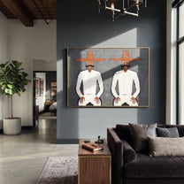 White Suits Mirror Stillness - white suit twin figure painting by Adrian Lee, mid-century modern horizontal wall art – styled room scene view 4