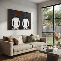 White Suits Mirror Stillness - white suit twin figure painting by Adrian Lee, mid-century modern horizontal wall art – styled room scene view 5