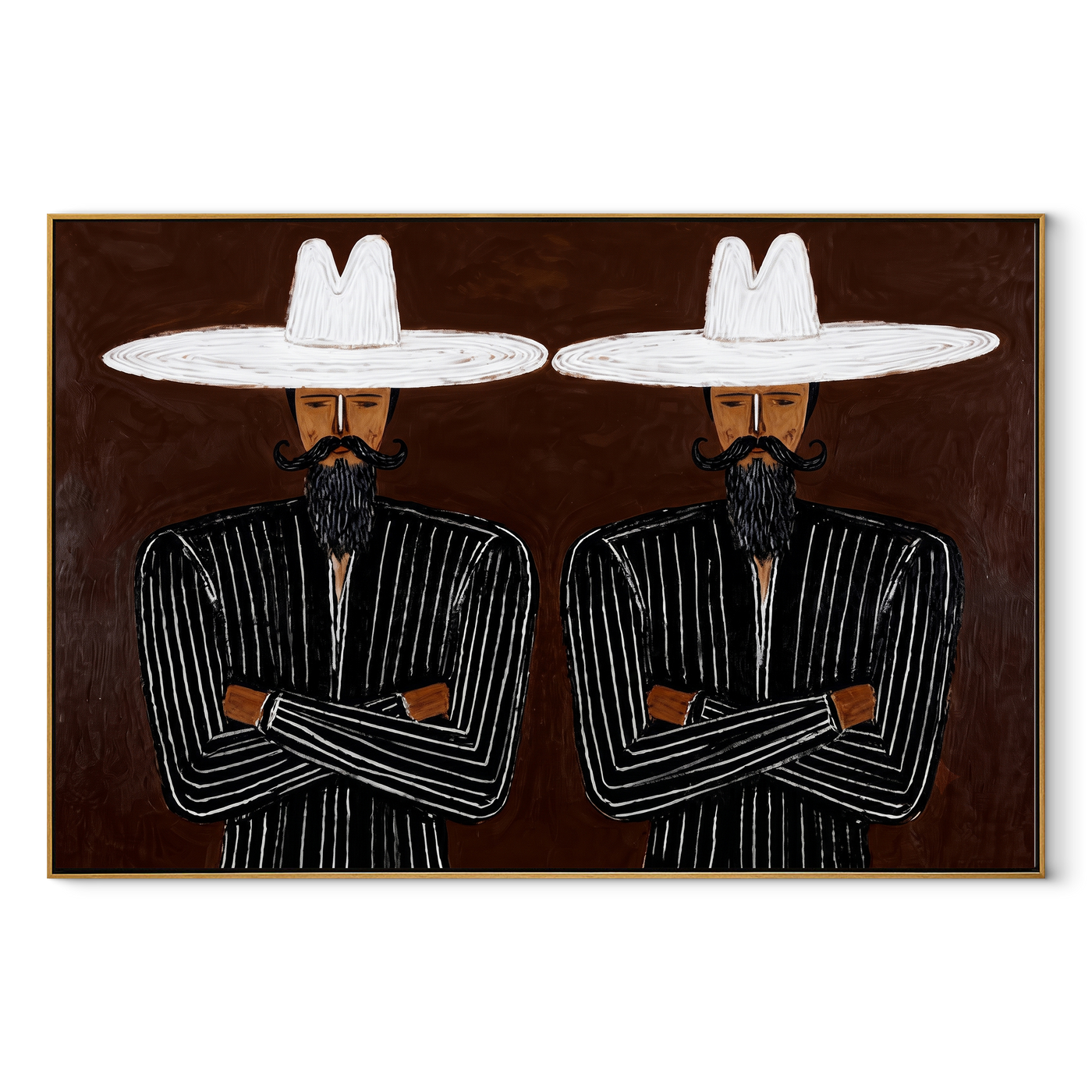 White Brims Guard Beards - bearded pinstripe pair painting by Adrian Lee, mid-century modern horizontal wall art – wood frame on white background
