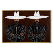 White Brims Guard Beards - bearded pinstripe pair painting by Adrian Lee, mid-century modern horizontal wall art – wood frame on white background