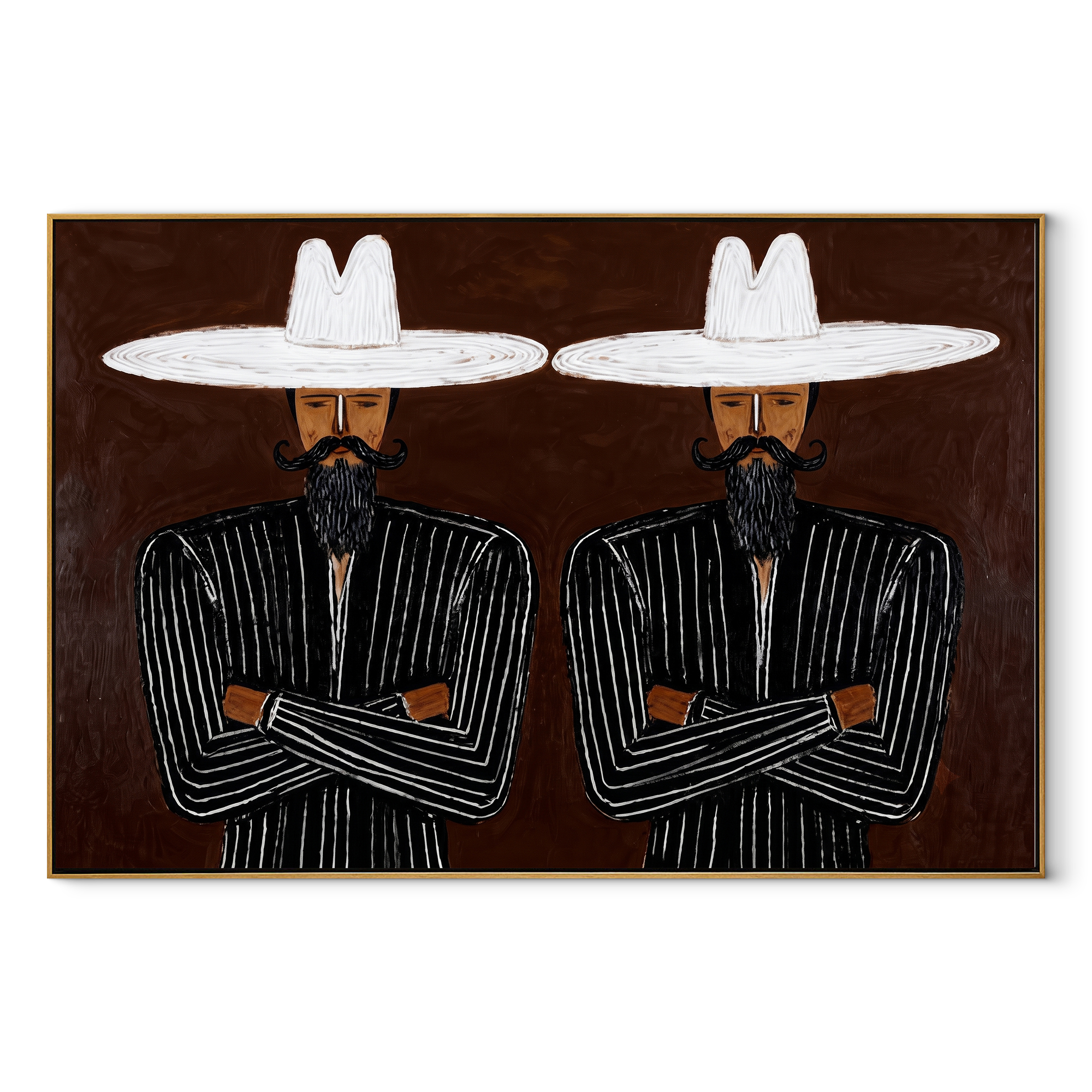 White Brims Guard Beards - bearded pinstripe pair painting by Adrian Lee, mid-century modern horizontal wall art – wood frame on white background