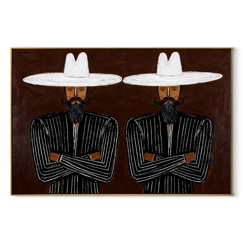 White Brims Guard Beards - Bearded Pinstripe Pair Painting | Mid-Century Modern Horizontal Wall Art