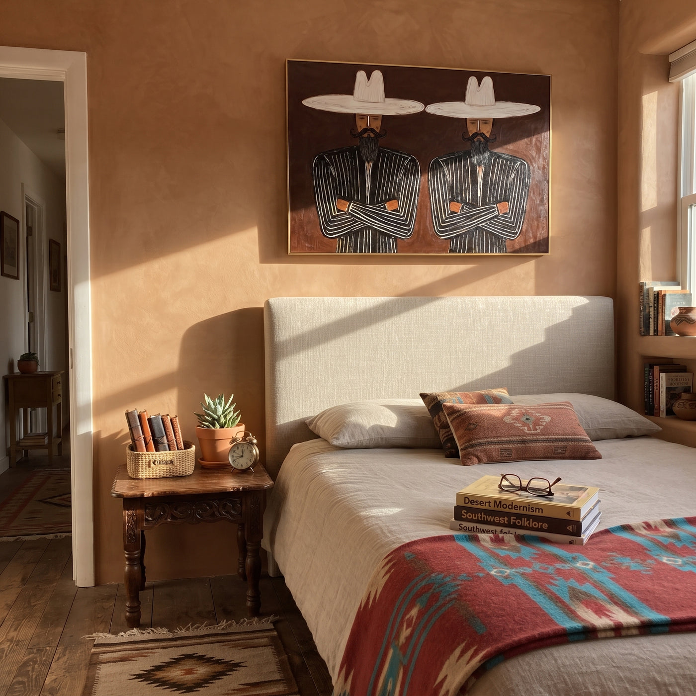 White Brims Guard Beards - bearded pinstripe pair painting by Adrian Lee, mid-century modern horizontal wall art – styled room scene view 2
