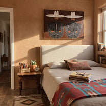 White Brims Guard Beards - bearded pinstripe pair painting by Adrian Lee, mid-century modern horizontal wall art – styled room scene view 2