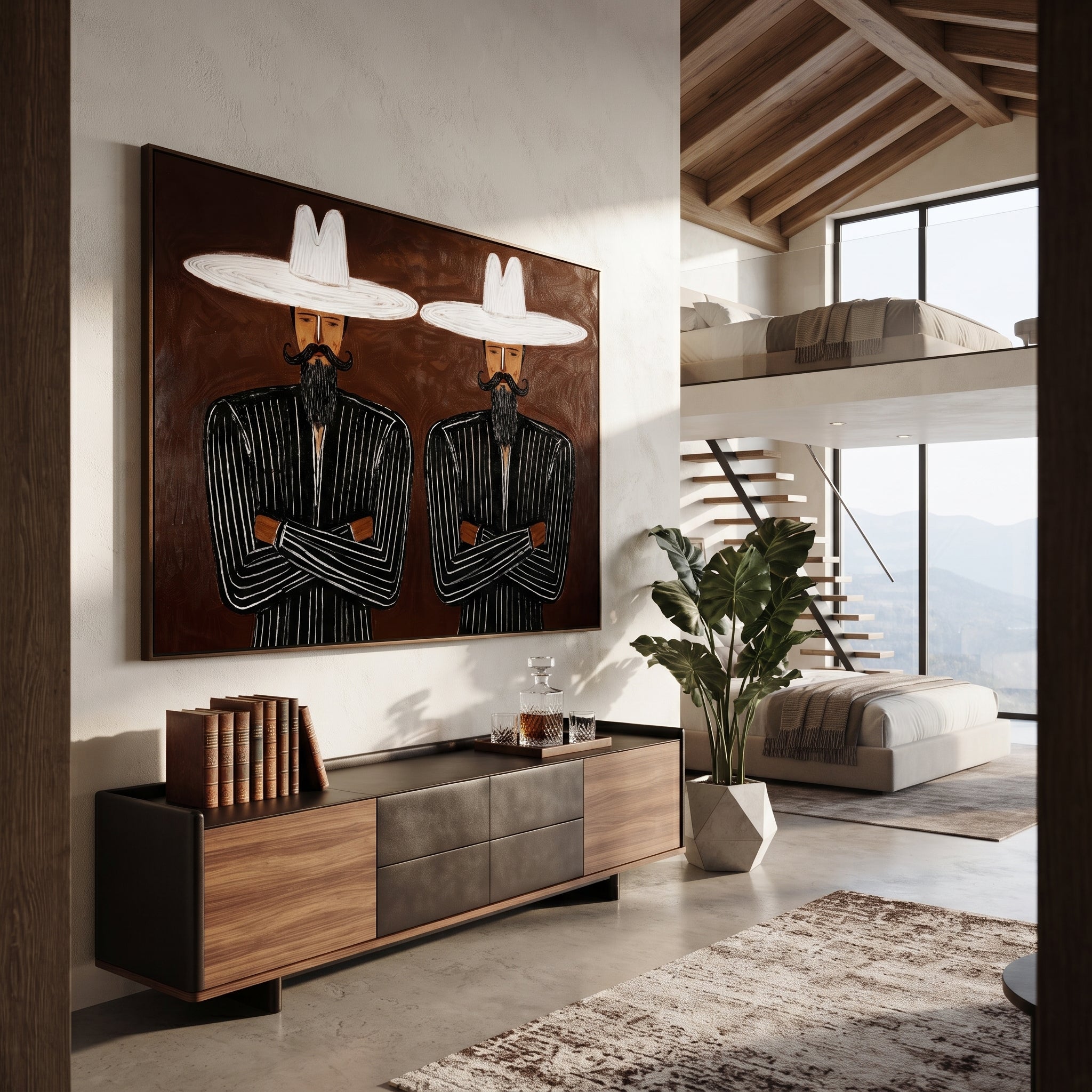 White Brims Guard Beards - bearded pinstripe pair painting by Adrian Lee, mid-century modern horizontal wall art – styled room scene view 3