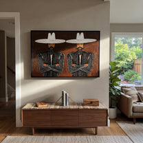 White Brims Guard Beards - bearded pinstripe pair painting by Adrian Lee, mid-century modern horizontal wall art – styled room scene view 4