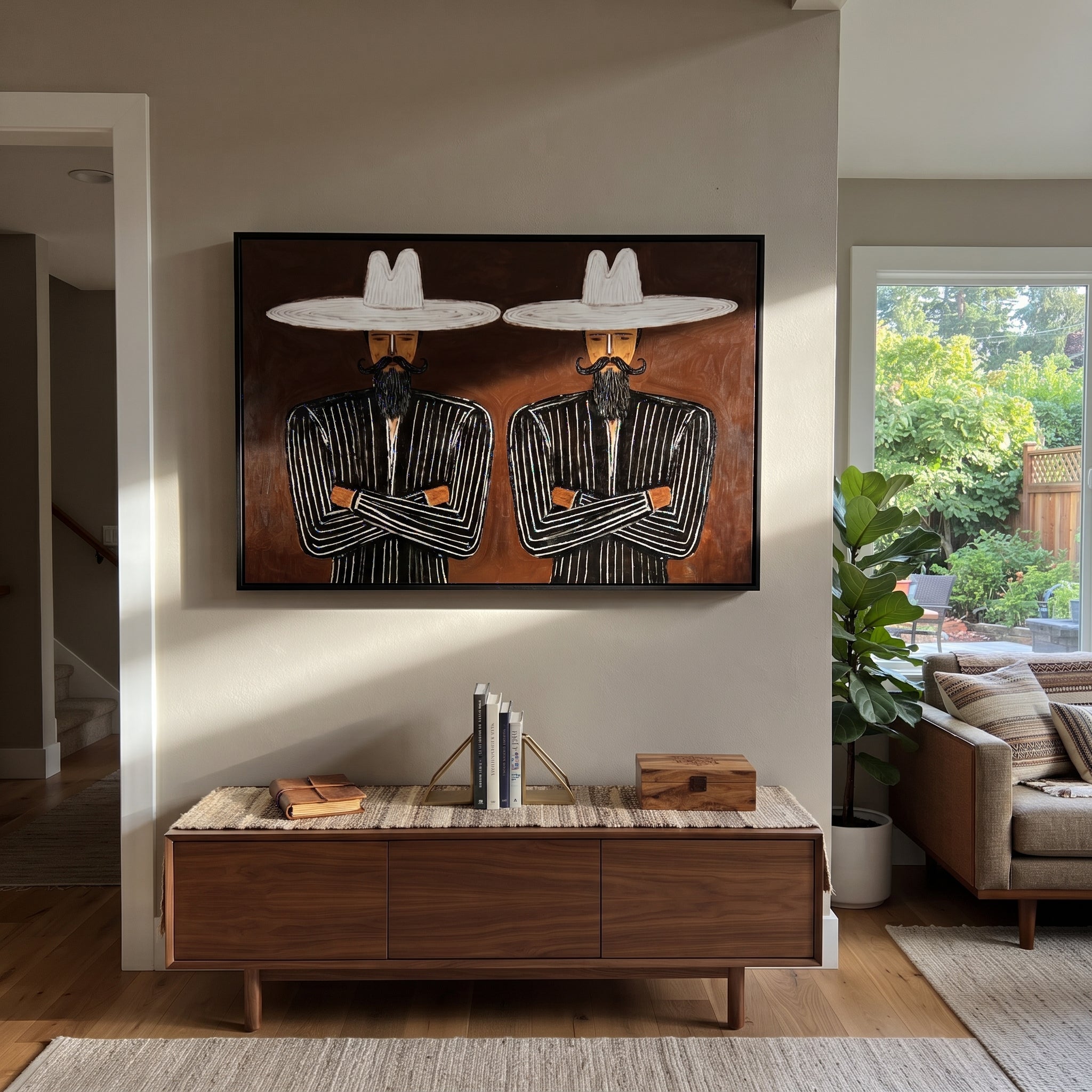 White Brims Guard Beards - bearded pinstripe pair painting by Adrian Lee, mid-century modern horizontal wall art – styled room scene view 4