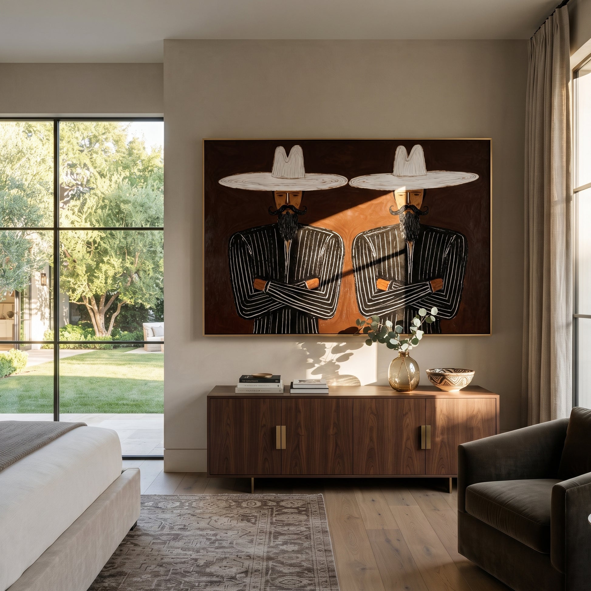 White Brims Guard Beards - bearded pinstripe pair painting by Adrian Lee, mid-century modern horizontal wall art – styled room scene view 5