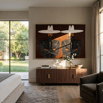 White Brims Guard Beards - bearded pinstripe pair painting by Adrian Lee, mid-century modern horizontal wall art – styled room scene view 5