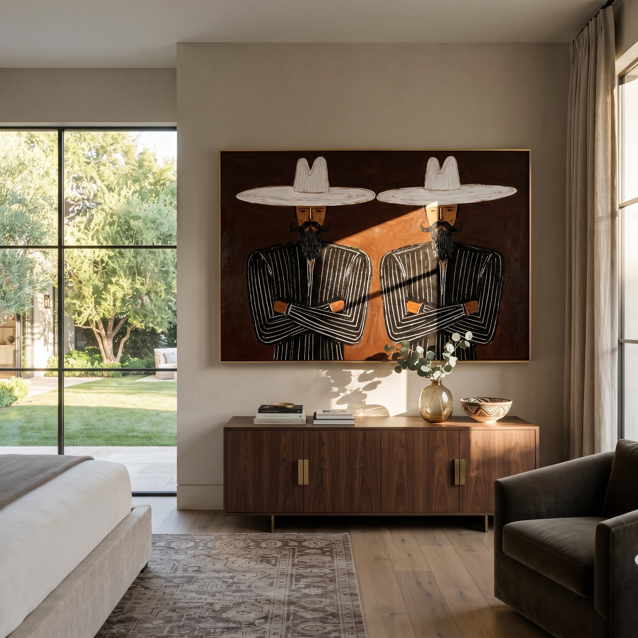White Brims Guard Beards - bearded pinstripe pair painting by Adrian Lee, mid-century modern horizontal wall art – styled room scene view 5