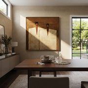 Ivory Coats Share Horizon - ivory coat figure pair painting by Adrian Lee, mid-century modern square wall art – styled room scene view 1