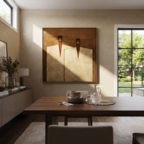 Ivory Coats Share Horizon - ivory coat figure pair painting by Adrian Lee, mid-century modern square wall art – styled room scene view 1