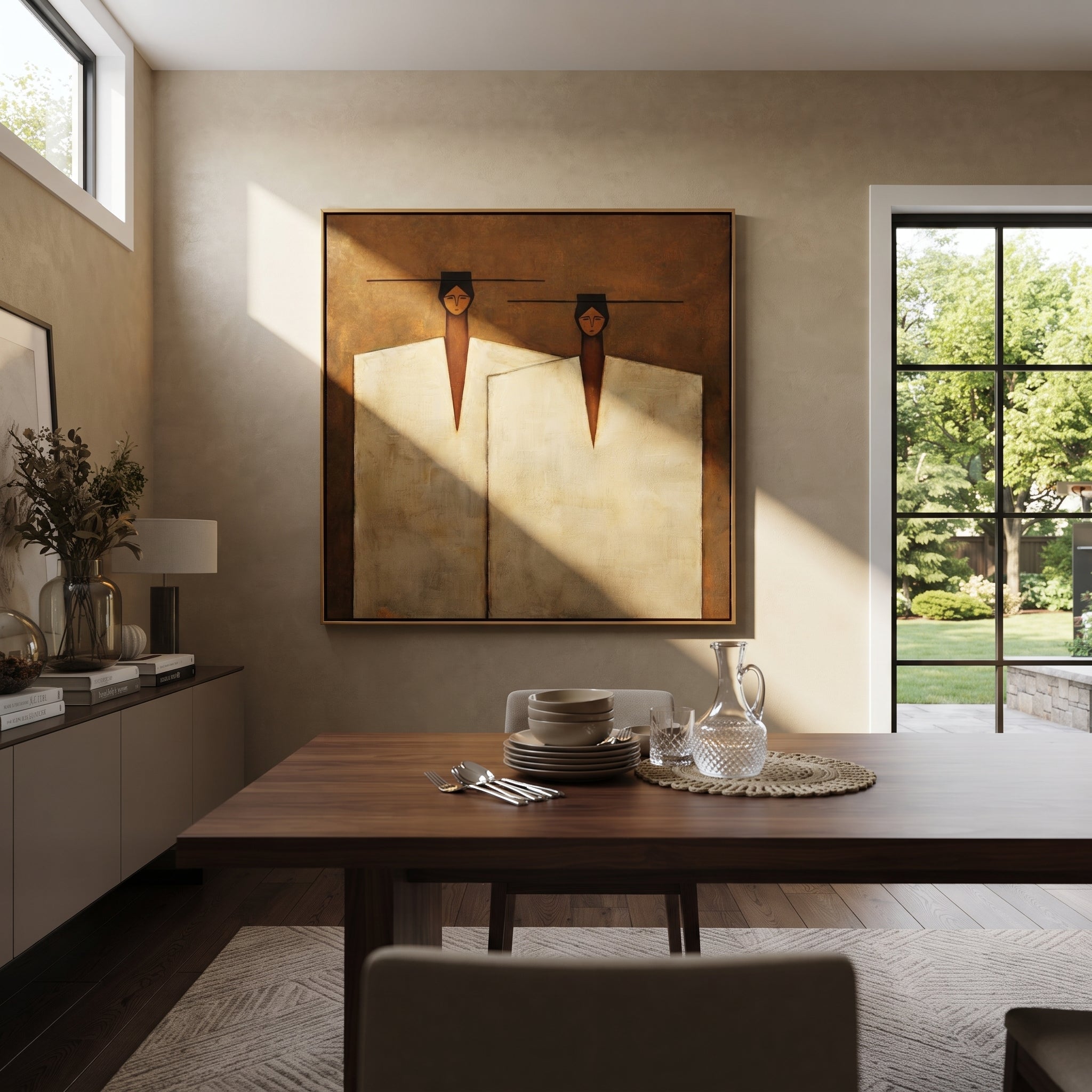 Ivory Coats Share Horizon - ivory coat figure pair painting by Adrian Lee, mid-century modern square wall art – styled room scene view 1