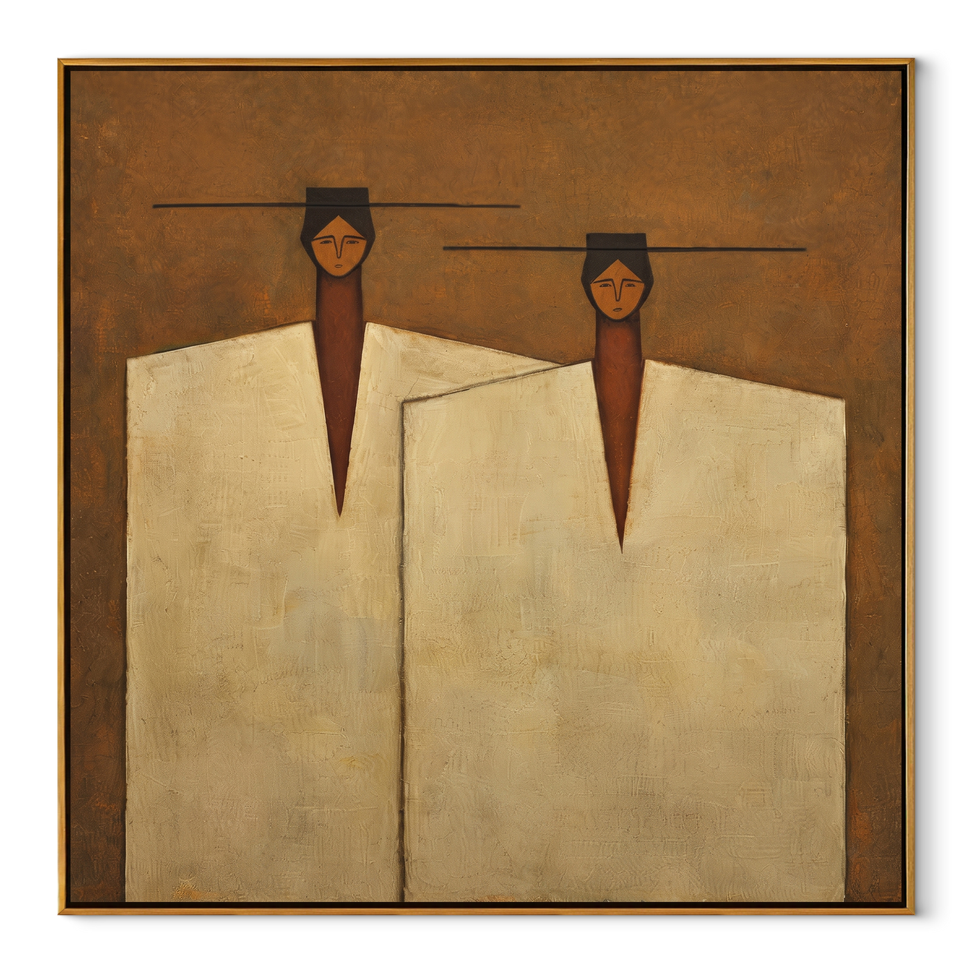 Ivory Coats Share Horizon - ivory coat figure pair painting by Adrian Lee, mid-century modern square wall art – wood frame on white background