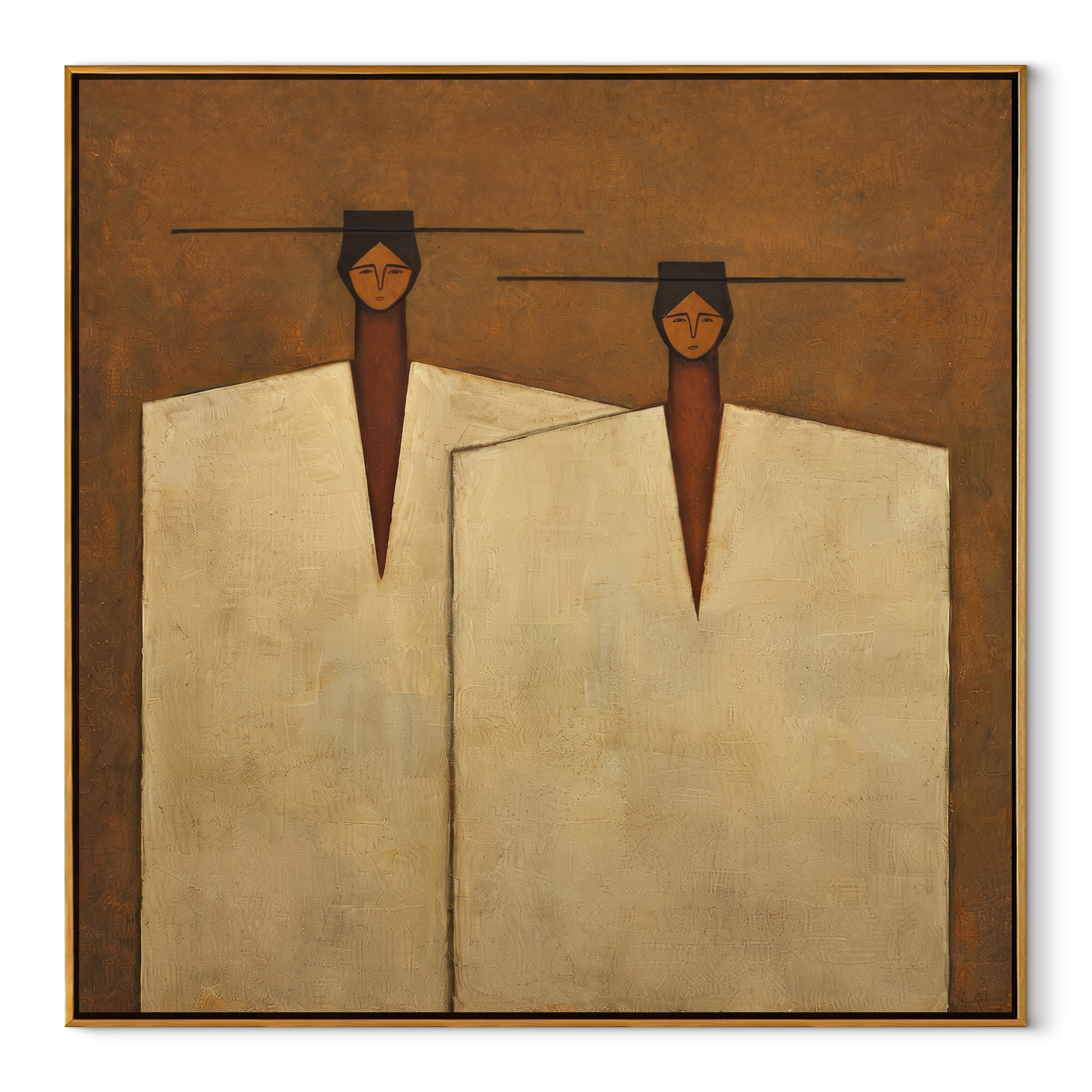 Ivory Coats Share Horizon - ivory coat figure pair painting by Adrian Lee, mid-century modern square wall art – wood frame on white background