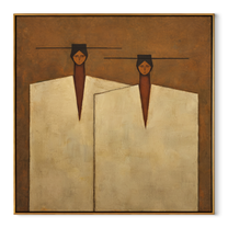 Ivory Coats Share Horizon - ivory coat figure pair painting by Adrian Lee, mid-century modern square wall art – wood frame on white background