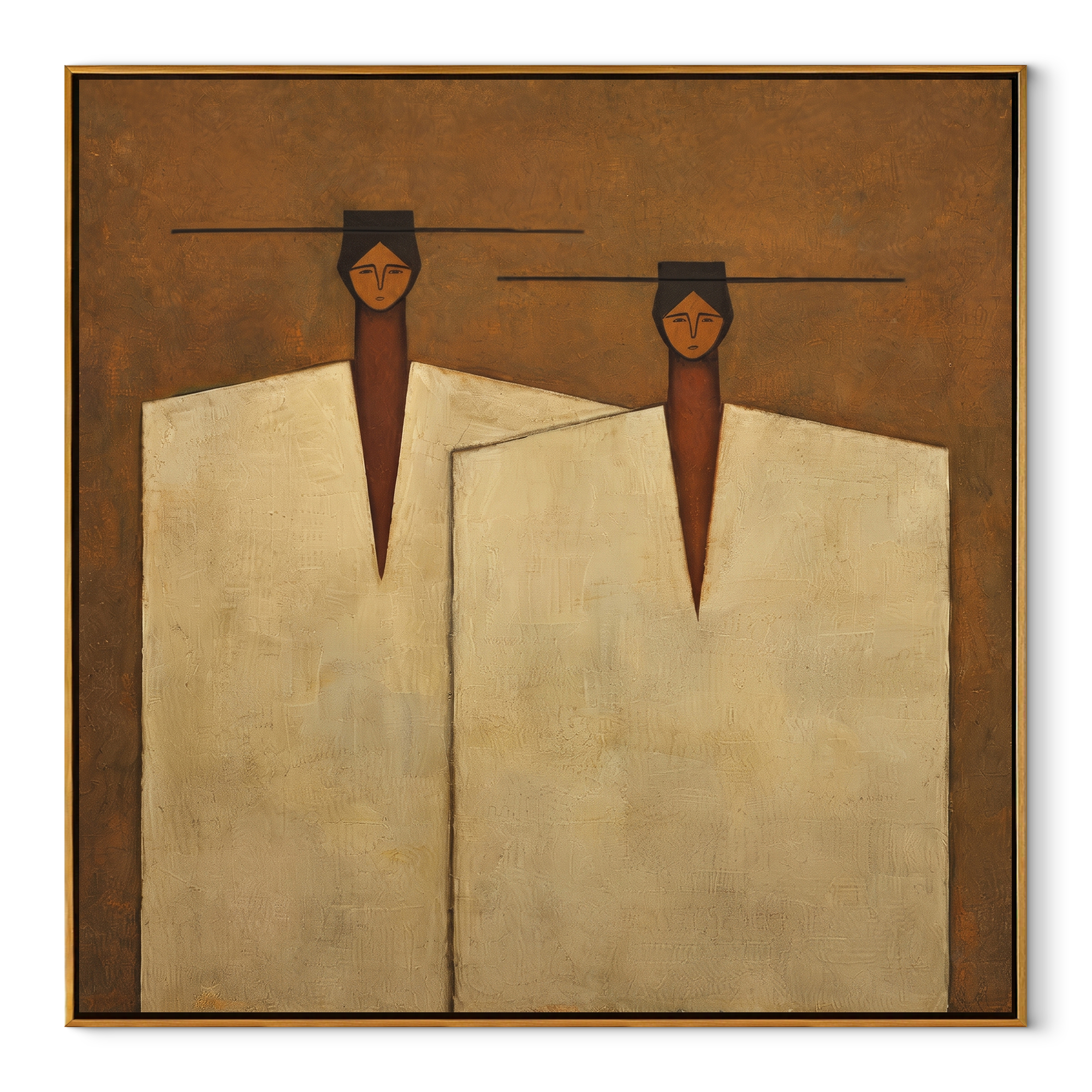 Ivory Coats Share Horizon - ivory coat figure pair painting by Adrian Lee, mid-century modern square wall art – wood frame on white background