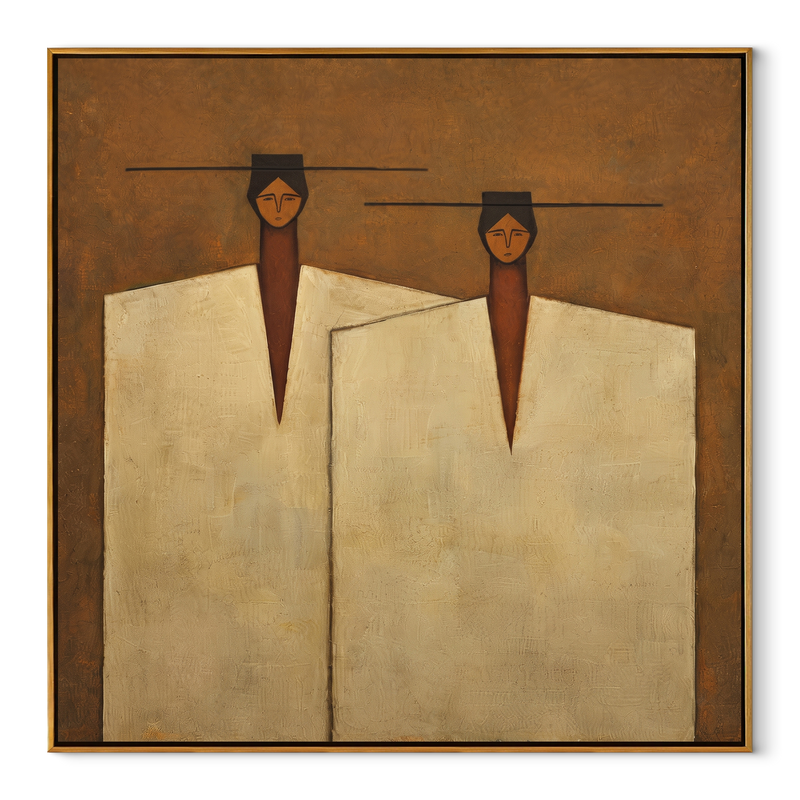 Ivory Coats Share Horizon - Ivory Coat Figure Pair Painting | Mid-Century Modern Square Wall Art
