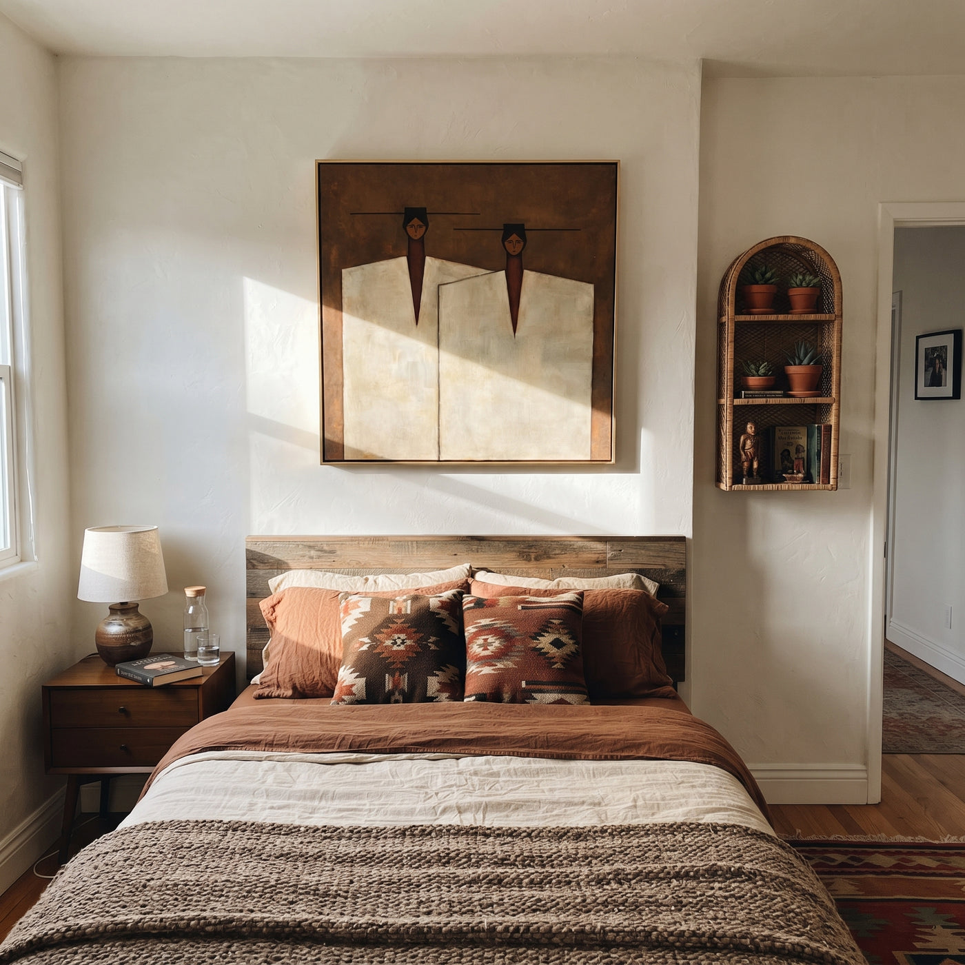 Ivory Coats Share Horizon - ivory coat figure pair painting by Adrian Lee, mid-century modern square wall art – styled room scene view 2