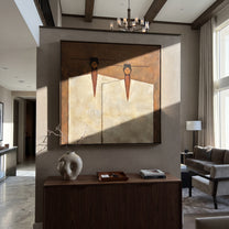 Ivory Coats Share Horizon - ivory coat figure pair painting by Adrian Lee, mid-century modern square wall art – styled room scene view 3