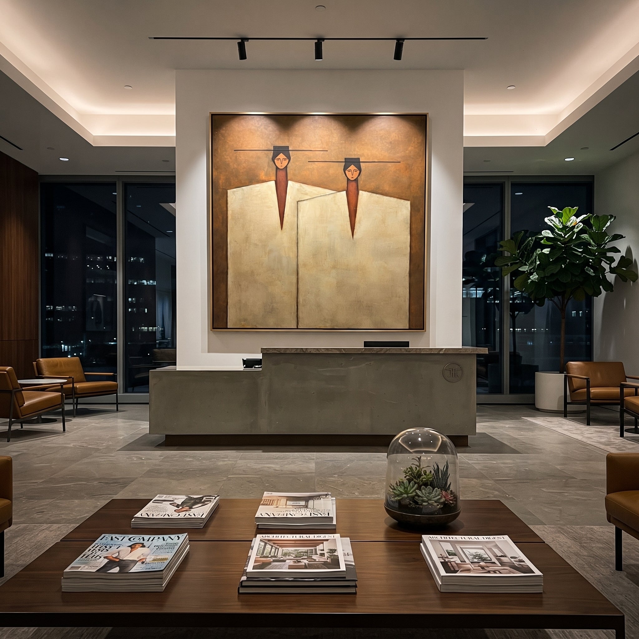 Ivory Coats Share Horizon - ivory coat figure pair painting by Adrian Lee, mid-century modern square wall art – styled room scene view 4