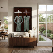 Green Stripes Stand Apart - green stripe standing pair painting by Adrian Lee, mid-century modern vertical wall art – styled room scene view 1
