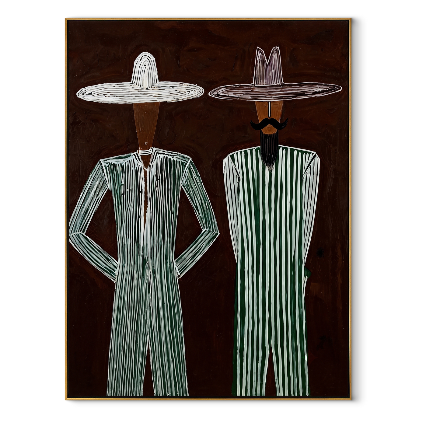 Green Stripes Stand Apart - green stripe standing pair painting by Adrian Lee, mid-century modern vertical wall art – wood frame on white background