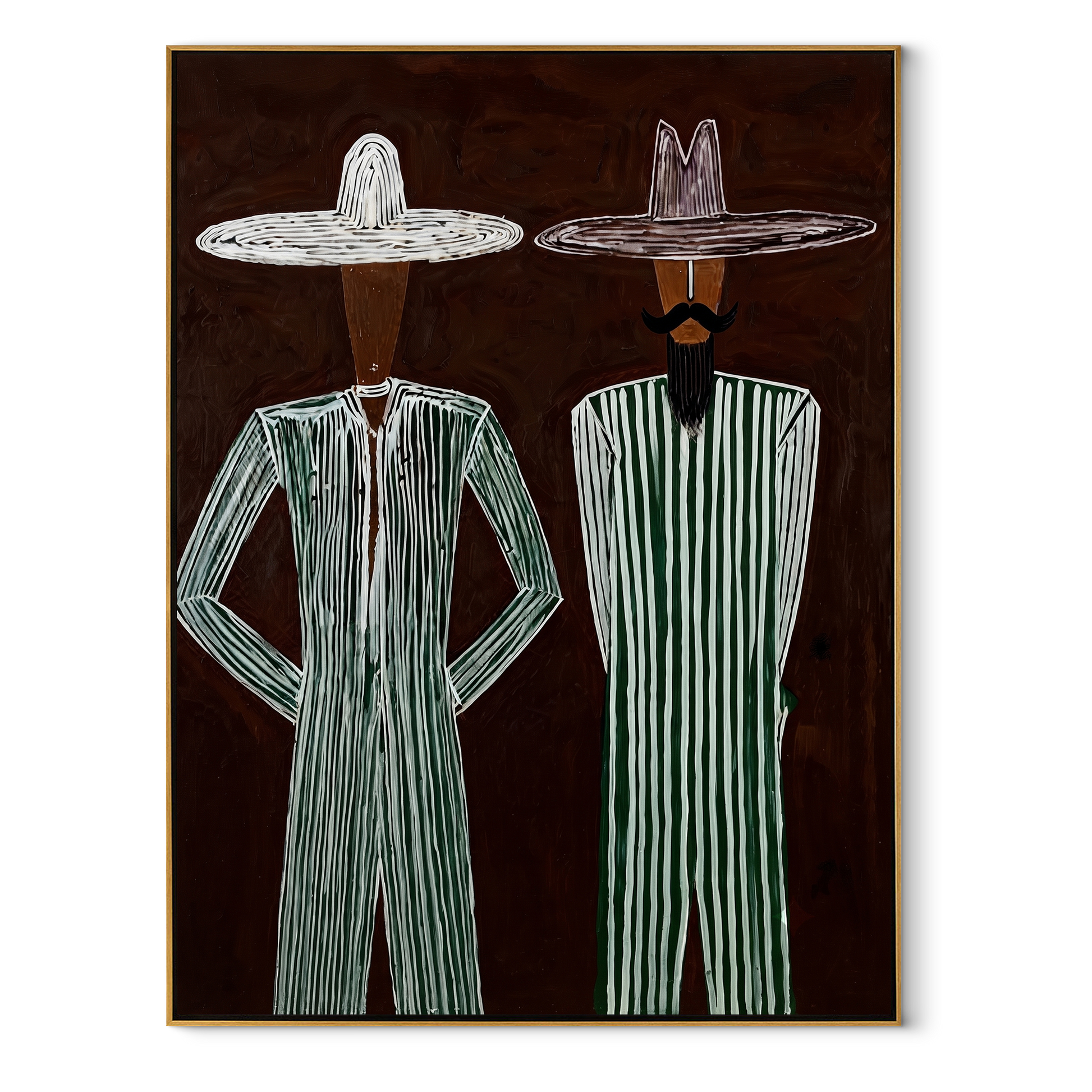 Green Stripes Stand Apart - green stripe standing pair painting by Adrian Lee, mid-century modern vertical wall art – wood frame on white background