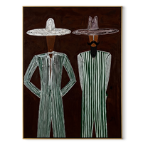 Green Stripes Stand Apart - green stripe standing pair painting by Adrian Lee, mid-century modern vertical wall art – wood frame on white background